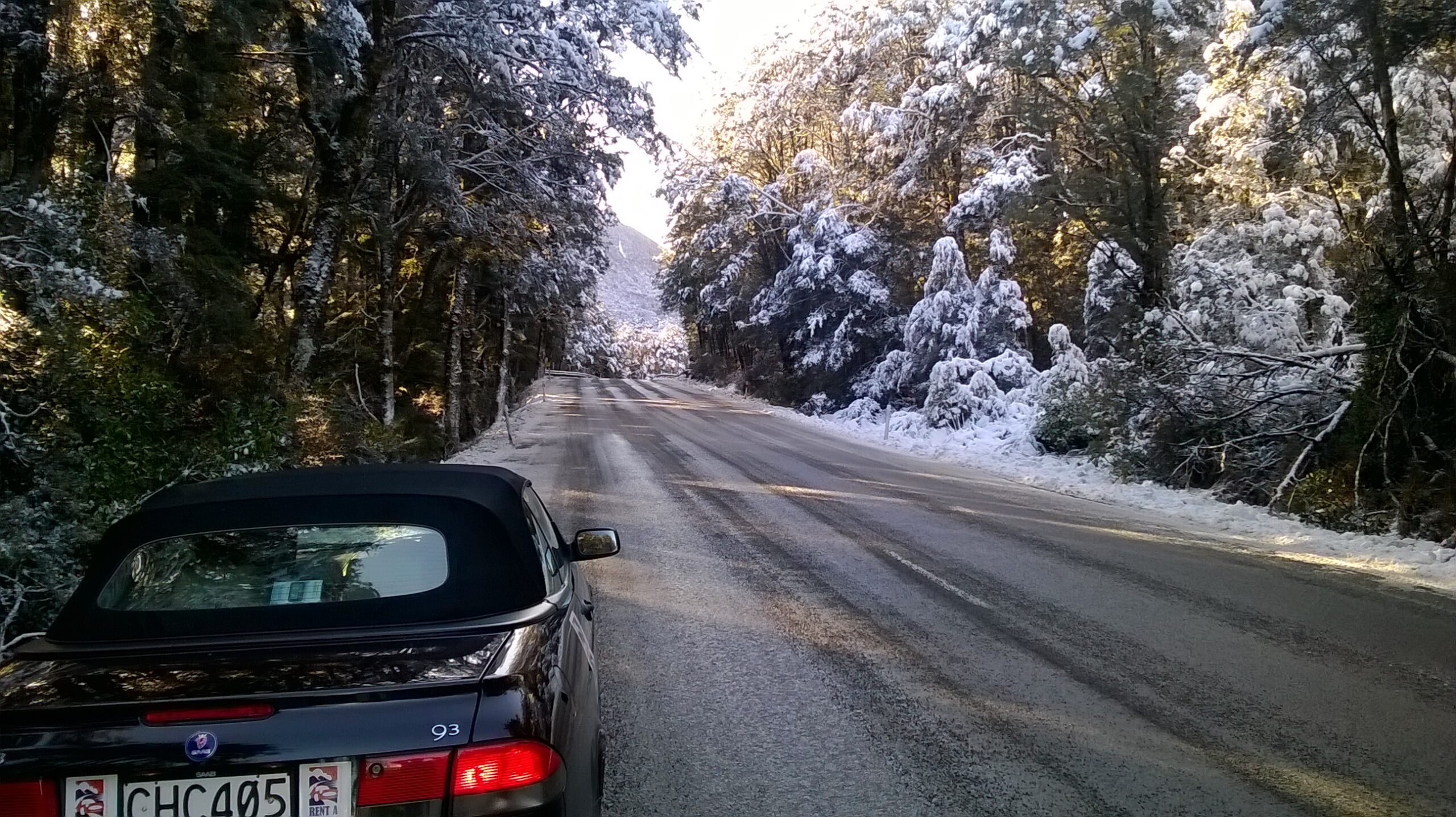 Lewis Pass State Highway 6 Road in winter with Saab 9-3 convertible from RentAClassic